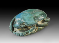 Heart scarab of grauwacke, on the underside smooth, with two suspension eyelets, L 6.5cm, W max. 4cm. Late Period, 664 - 332 BC. Traces of sinter, fra...