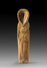 Wooden cosmetic spoon with a female Nubian servant, H 17.7cm. Rim of the bowl with zigzag decoration. Broad, rectangular handle with a relief of a nak...