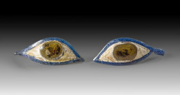 Pair of mummy eyes made of white, black and blue glass. Late Period, 6th - 1st century BC. Fragments. 2 pieces! Paar Mumienaugen. Spätzeit, 6. - 1. Jh...