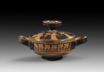 Attic red-figure lekanis in the manner of the Meidias Painter. Ca. 410 BC. H with lid 13.4cm, W with handles 25.1cm, ø cup 16.5cm. The figural frieze ...