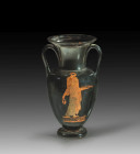 Attic red-figure Nolan amphora by the Richmond Painter. Ca. 440 BC. H 22.2cm, W with handles 13.1cm, ø body 11.5cm. On the front a young woman with ph...