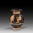 Early Lucanian red-figure pelike of the Karneia Group. 400 - 390 BC. H 22.7cm, ø 17.9cm. On the front, a naked youth wearing a himation around his arm...