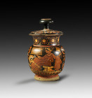 Apulian red-figure kothon with lid from the Workshop of the Baltimore Painter. 330 - 320 BC. H without lid 13.9cm and with lid 18.1cm, ø body 11.4cm. ...