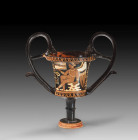 Apulian red-figure kantharos from the workshop of the Baltimore Painter. 330 - 320 BC. H 21cm, W with handles 20cm. On one side, a young woman sits on...