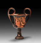 Apulian red-figure kantharos from the workshop of the Baltimore Painter. 330 - 320 BC. H 21cm, W with handles 20cm. On one side, a young woman sits on...