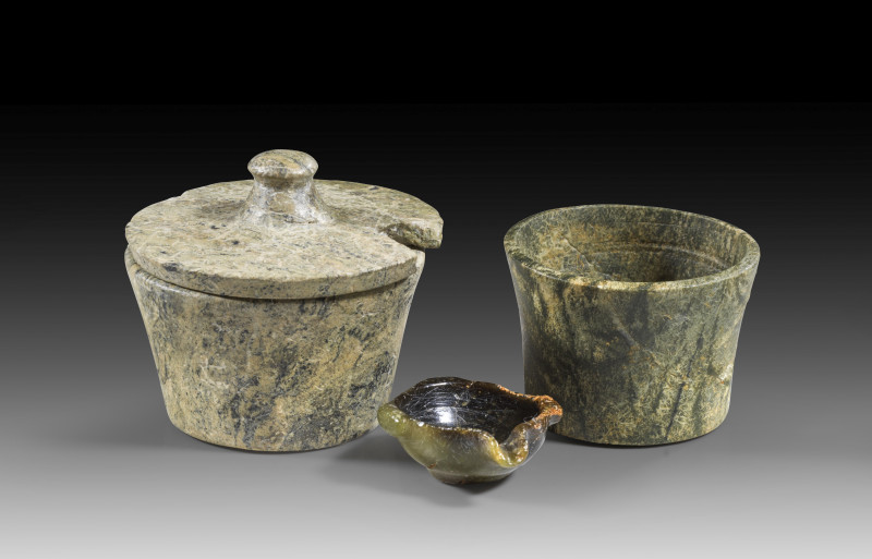 Small collection of Minoan stone vessels. EM III - MM I, 2200 - 1800 BC. a) Pyxi...