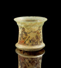 Painted Roman beaker with the Judgment of Paris. End of the 1st - early 2nd century AD. H 7.4cm, ø 8.4cm. Cylindrical beaker type Isings 36 with with ...