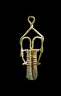 Double kohl tube. Eastern Mediterranean, 4th - 6th century AD. H 21,8cm. Bluish translucent glass. U-shaped body from two tall tubes, with folded rims...