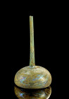 Bottle with hemispherical body and high, slim neck. H 13,7cm. Eastern mediterranean, 4th - 5th century AD. With expertise of Antiken-Kabinett Gackstät...