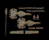 Large Frankish ensemble of bronze jewellery from a woman´s grave. Period of the Merovingians, 1st half of 7th century AD. Enclosed a pair of large gor...