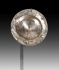 Germanic shield boss. 5th century AD. D 6.9cm, ø 17.1cm. Wood covered with silver sheet, remains of four iron nails. Stabilized wood, silver sheet wit...