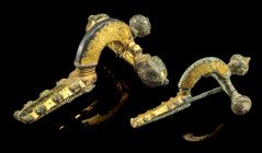 Zwei vergoldetet Zwiebelknopffibeln. Spätrömische Kaiserzeit, 4. Jh. n. Chr. L 7,1cm und 9,3cm. Massive Bronze mit Vergoldung. Beide mit schön verzier...
