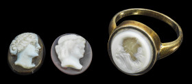 Kleine Sammlung Lagenachate. 18. - 19. Jh. a) Kopf des Dionysos; 1,3 x 1,1 x 0,45cm. Kleiner ovaler Kameo, Lagenachat, weiß auf transparentem hellgrau...