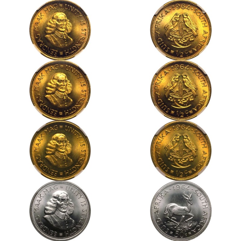 SOUTH AFRICA.
Lot of 4 various metals coins.

Coin 1: 1/2 Cent 1964. Pretoria...