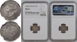 Ceylon: British Victoria 1893 Silver 10 Cents NGC MS 63
