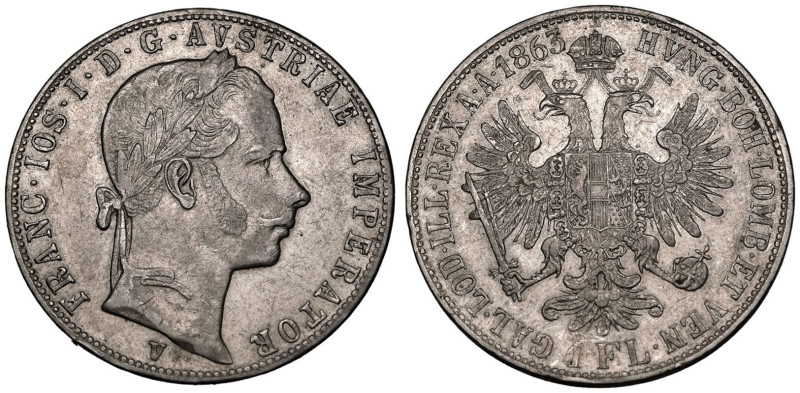 AUSTRIA. HABSBURG. 
Silver 1 Florin, 1863 V. Venice. Key Date. 
Obv: FRANC&mid...