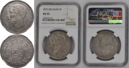 Belgium Leopold II 1875 Silver 5 Francs NGC AU 55