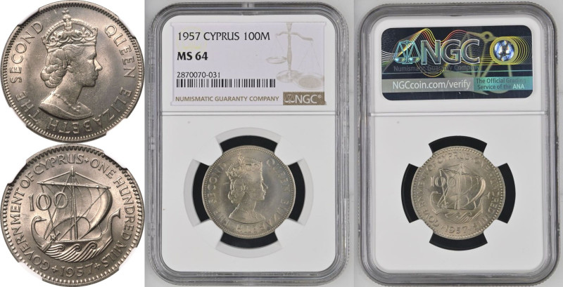 CYPRUS. BRITISH. Elizabeth II, 1952-2022. 
Copper-Nickel 100 Mils, 1957. Royal ...