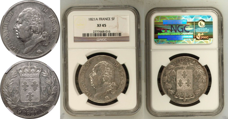 FRANCE. Louis XVIII, 1814-15 & 1815-24. 
Silver 5 Francs, 1821 A. Paris. 
Obv:...
