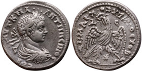 Caracalla (211-217) Tetradrachm. Obverse: Bust of emperor. Reverse: Eagle standing left, head right, wreath in beak, tail right, wings spread

25mm ...