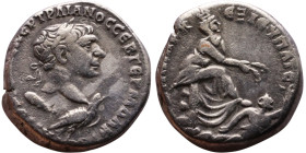 Trajan (98-117) Tetradrachm Obv: Laureate head right, on the back of an eagle right Reverse: Tyche of Antioch sitting right on rocks, holding corn-ear...