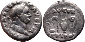 Vespasian (69-79) Denarius Obv: Laureate, draped bust of emperor. Rev: Sacrificial implements: simpulum, aspergillum, jug and lituus.

18mm 2,89g