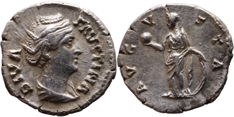Diva Faustina I (Wife of Antoninus Pius) Denarius. Obverse: veiled and draped bu...