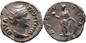 Diva Faustina I (Wife of Antoninus Pius) Denarius. Obverse: veiled and draped bust right Reverse: Vesta standing left, holding patera over lit altar a...