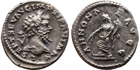 Septimus Severus (193-211) Denarius Obv: Laureate, draped bust of emperor. Rev: Annona standing left with corn ears and cornucopia, right foot on prow...