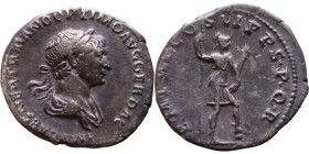 Trajan (98-117) Denarius. Obv: Laureate, draped bust of emperor. Rev: Virtus standing right, holding spear and parazonium, foot on helmet.

19mm 3,1...