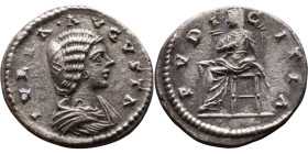 Julia Domna (wife of Septimus Severus) Denarius Obv: Draped bust of empress. Rev: Pudicitia seated left, veiled and right hand on her breast; left arm...