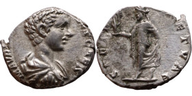 Geta (209-212) Denarius Obv: Bust of emperor Rev: Spes walking left, holding flower and raising hem of robe. 

18mm 3,31g