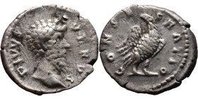 Divus Marcus Aurelius (Died 180) Denarius Obv: Draped bust of emperor. Rev: Eagle standing right on sceptre, head turned left, wings spread. 

19mm ...