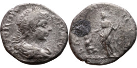 Caracalla (211-217) Denarius. Obv: Laureate, draped bust of emperor. Rev: Salus standing half-left, holding serpent-wreathed sceptre and extending han...