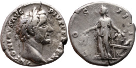 Antoninus Pius (138-161) Denarius Obv: Laureate, draped bust of emperor. Rev: Annona standing left, holding corn-ears and placing left hand on modius ...