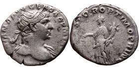 Trajan (98-117) Denarius. Obv: Laureate, draped bust of emperor. Rev: Aequitas standing left, holding scales and cornucopiae.

18mm 3,42g