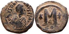Justin I (518-527) Follis Obverse: DN IVSTINVS PP AVG, diademed, draped, and cuirassed bust right Reverse: Large M, Mintmark

32mm 18,20g
