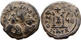 Heraclius and Hercalius Constantine (610-641) Follis. Obverse: Heraclius on left, Heraclius Constaninte on right, . Reverse: ANNO, Large M, cross abov...