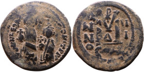 Heraclius and Hercalius Constantine (610-641) Follis. Obverse: Heraclius on left, Heraclius Constaninte on right, . Reverse: ANNO, Large M, cross abov...