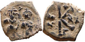 Heraclius and Hercalius Constantine (610-641) Follis. Obverse: Heraclius on left, Heraclius Constaninte on right, . Reverse: ANNO, Large M, cross abov...