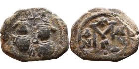 Heraclius and Hercalius Constantine (610-641) Follis. Obverse: Heraclius on left, Heraclius Constaninte on right, . Reverse: ANNO, Large M, cross abov...