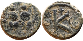 Justin II and Sophia (565-578) Hallf Follis Obverse: DN IVSTINVS PP AVG Justin and Sophia on thrones Reverse: Large K, Mintmark

21mm 9,32g