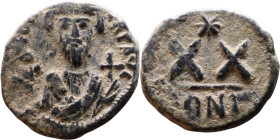 Phocas (602-610) Half Follis. Obverse: DN FOCA PERP AVG Crowned bust facing, wearing consular robes, holding mappa and eagle-tipped scepter , Reverse:...