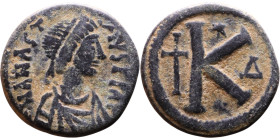Anastasius I (491-518) Half Follis. Obverse: DN ANASTASVS PP AVG diademed, draped, and cuirassed bust right Reverse: Large K

19mm 3,79g