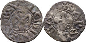 Italy: Valence, Late XIII century. Denari. Obverse: Anthropomorphic bird and inscription in rim: VRBS VALENTIAI Reverse: Cross with rounded arms and i...
