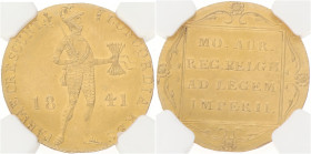 Gouden dukaat. Sint Petersburg. Willem II. 1841 Leli. UNC details.

NGC graded: 8236761-022. Cleaned. Scho. 505. AU. 3,49 g