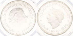 10 gulden - 25th anniversary of liberation. Juliana. 1970. PL 66.

PCGS graded: 532677.66/45956235. Sch. 1090. Ar. 18 g