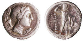 BRUTTIUM - BRETTII (circa 216-214 a.C.) DRACMA gr.4,0 - D/Busto di Nike a d. R/Il dio fluviale Aisaros in piedi di fronte, incoronandosi e tenendo lo ...