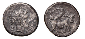 CAMPANIA - NEAPOLIS (circa 300-275 a.C.) STATERE gr.6,9 - D/Testa di Parthenope a d. con dietro in basso un piccolo kantharos R/Toro androcefalo a d. ...