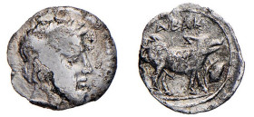 SICILIA - ABACAENUM (450-400 a.C.) LITRA gr.0,6 - D/Testa barbuta di Zeus a d. R/Scrofa a d. con sopra ABAK davanti una ghianda - Ar - Sng.Ans.898 BB